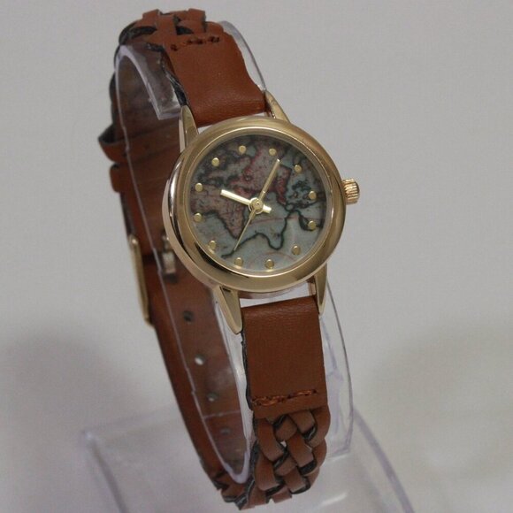 Accutime Ladies Casual Quartz Watch Map Dial Gold Tune Braided Strap 24mm - Picture 2 of 13